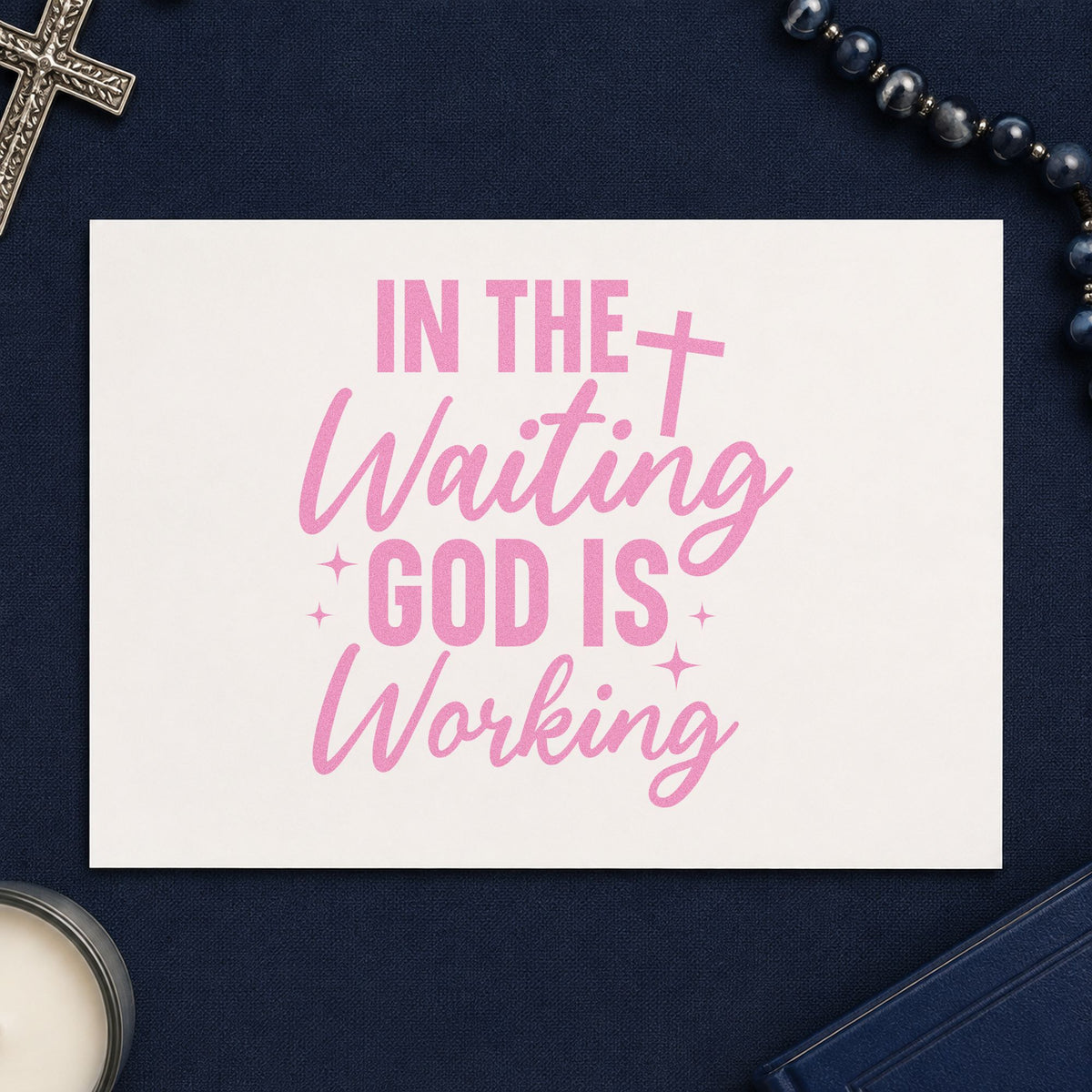 In the Waiting God Is Working craft stamp in purple ink on cardstock, an easy option for fertility journey notes.
