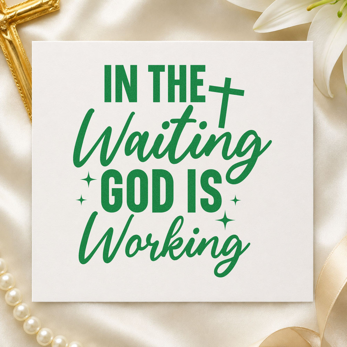 In the Waiting God Is Working craft stamp imprint in green ink on a handmade project, one idea being adoption match gifts.