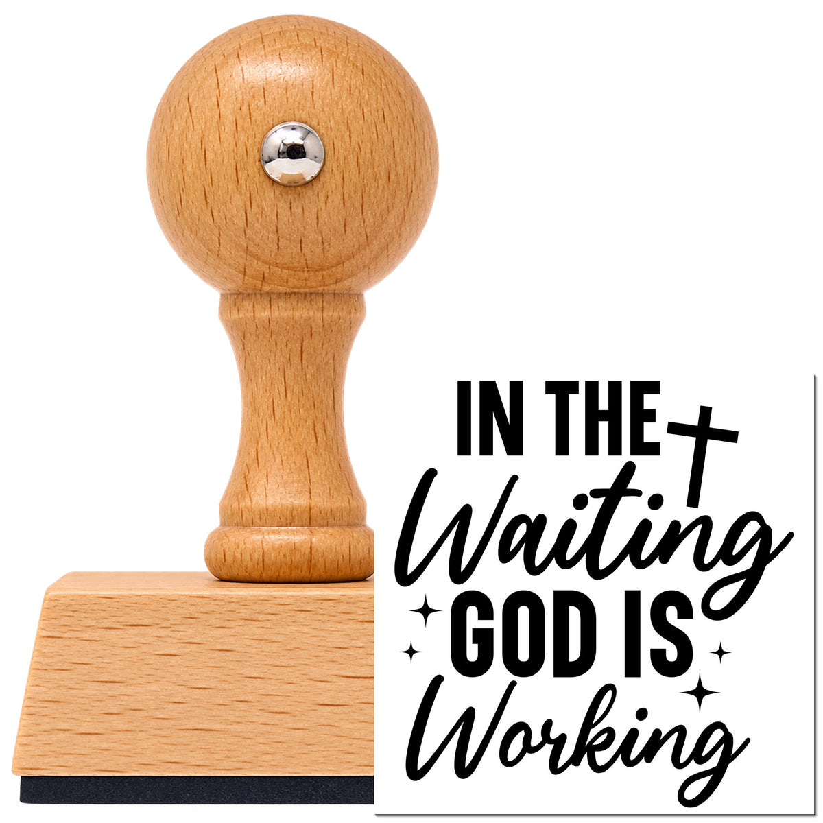 Vintage Pro beech wood stamp with a round knob handle, shown with its black In The Waiting God Is Working With Cross imprint on white.