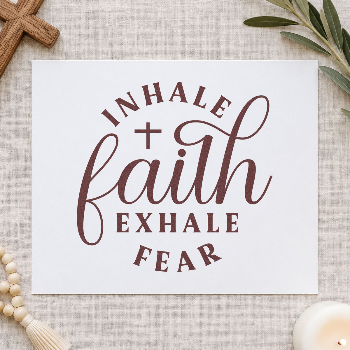 Inhale Faith Exhale Fear rubber stamp printed in brown ink, ready for surgery prep tags and similar paper crafts.