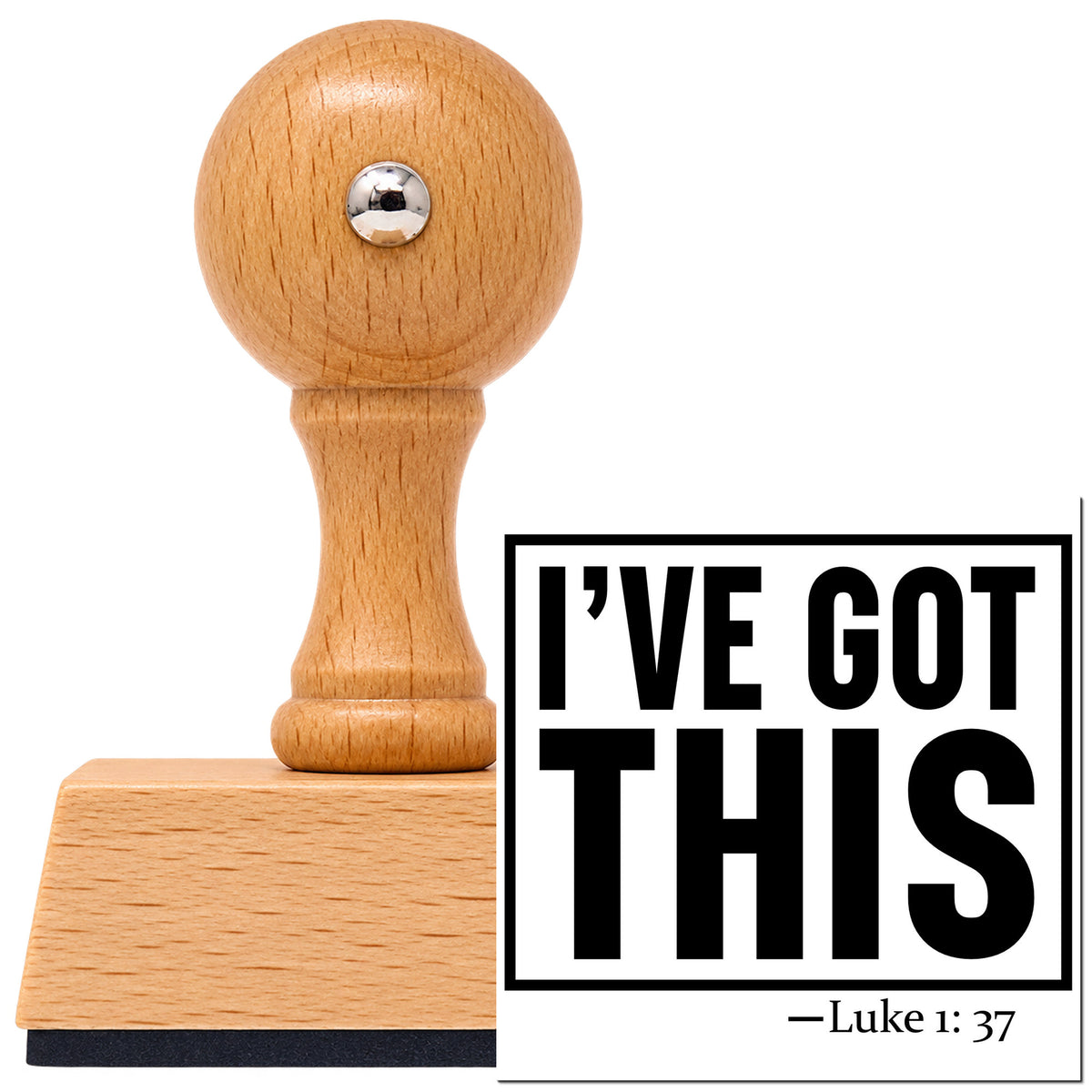 Vintage Pro beech wood stamp with a round knob handle, shown with its black I've Got This Frame Accent imprint on white.