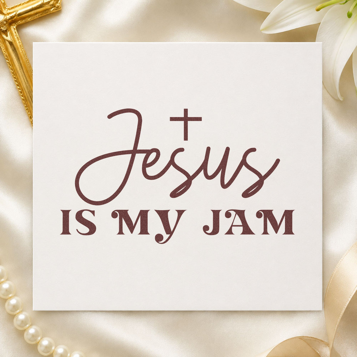 Jesus Is My Jam rubber stamp printed in brown ink, ready for choir folder covers and similar paper crafts.