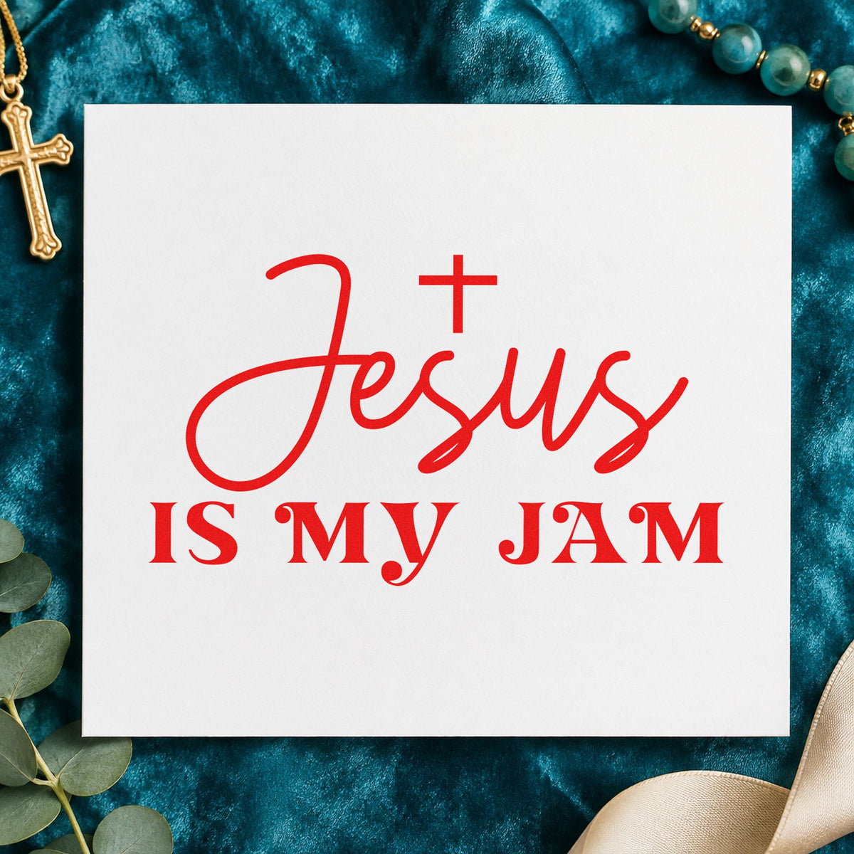 Jesus Is My Jam rubber stamp shown in red ink, stamped for projects such as guitar case labels.