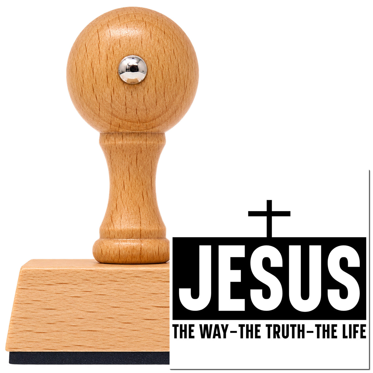 Vintage Pro beech wood stamp with a round knob handle, shown with its black Jesus The Way Truth Life With Cross imprint on white.
