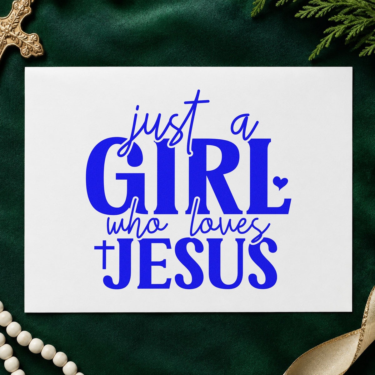 Just a Girl Who Loves Jesus craft stamp in blue ink on cardstock, an easy option for scrapbook friend pages.