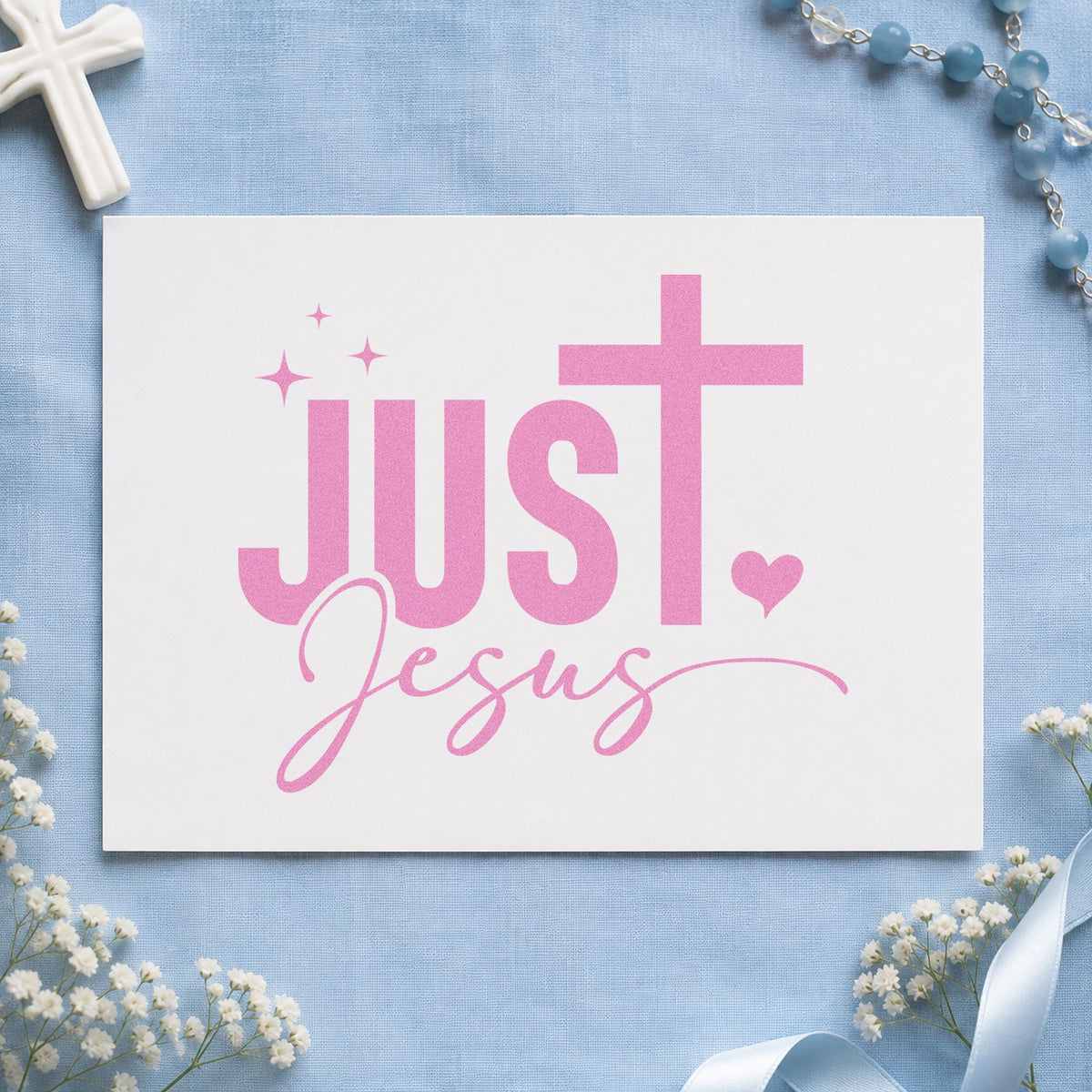 Just Jesus craft stamp in purple ink on cardstock, an easy option for christmas card fronts.