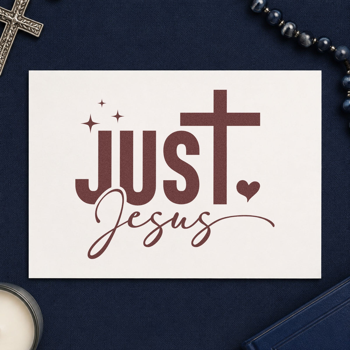 Just Jesus rubber stamp printed in brown ink, ready for scrapbook title pages and similar paper crafts.