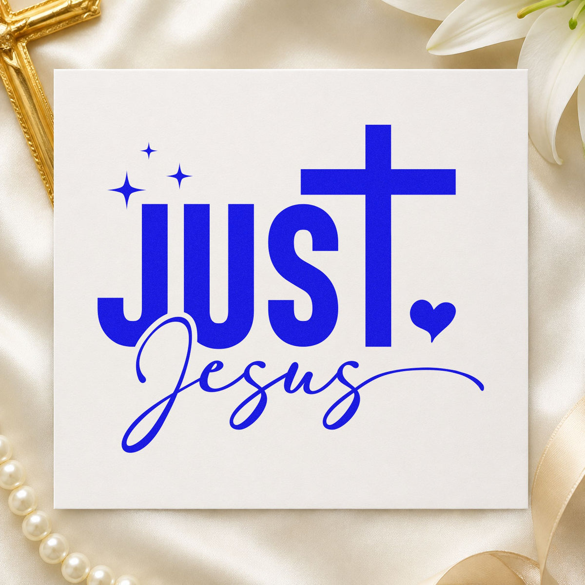 Just Jesus craft stamp in blue ink on cardstock, an easy option for canvas totes.