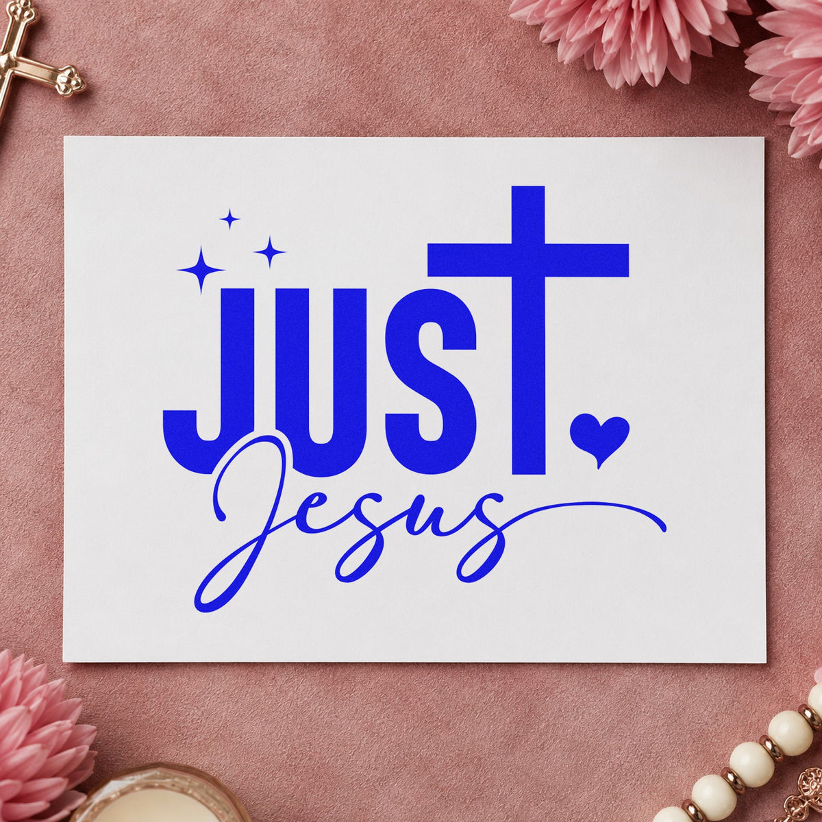 Just Jesus craft stamp imprinted in blue ink on paper, a design suited to bookmark crafts.