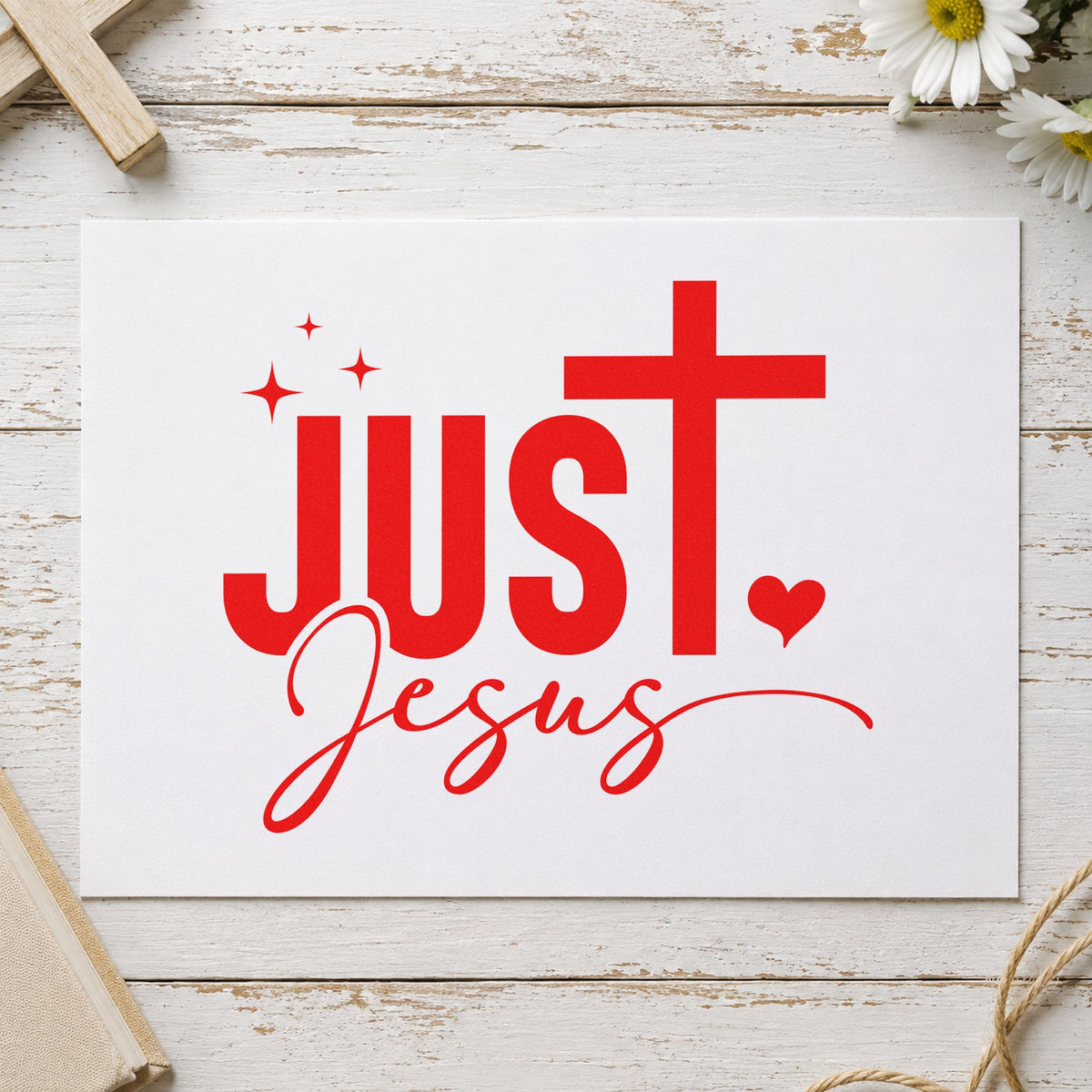 Just Jesus rubber stamp shown in red ink, stamped for projects such as wedding program covers.
