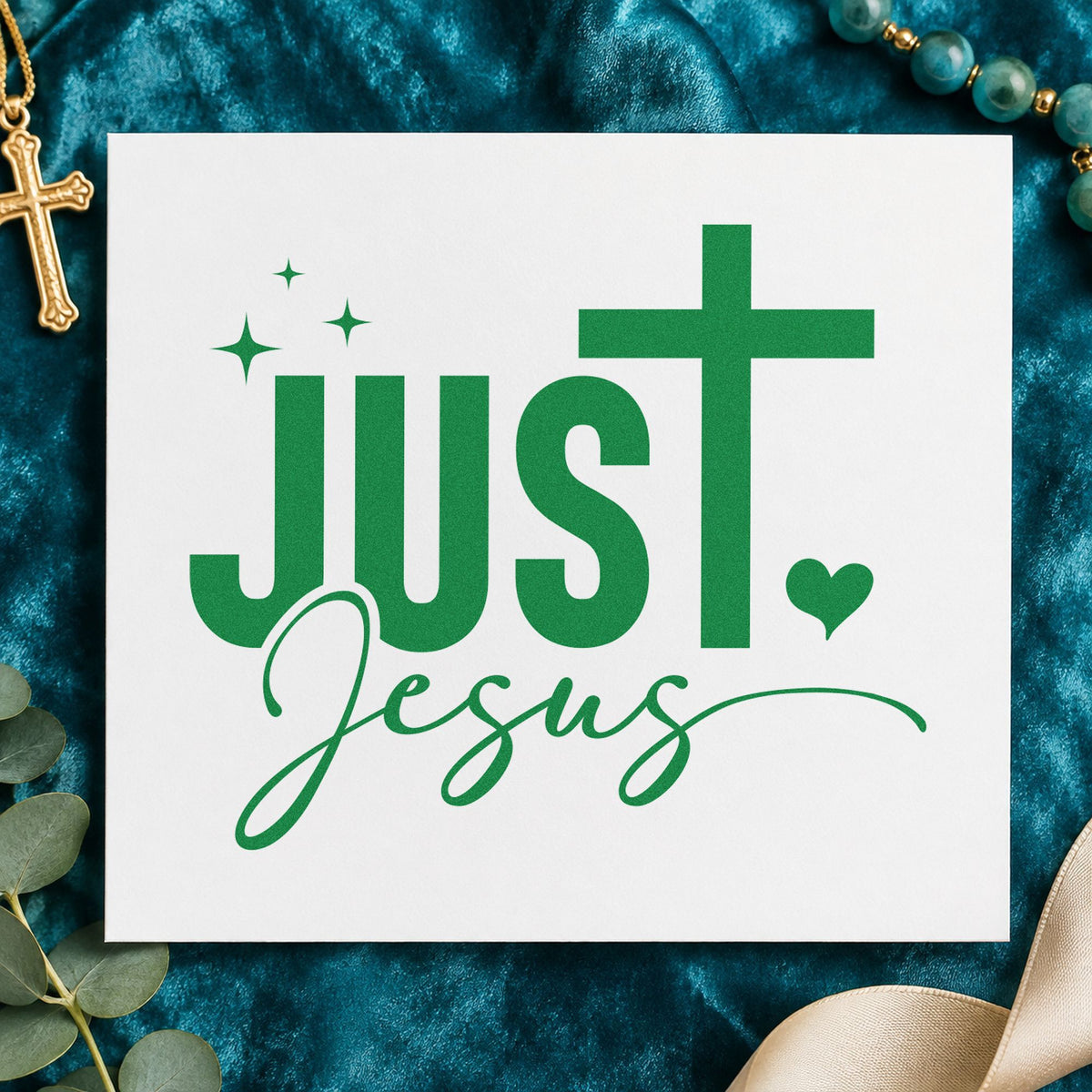Just Jesus craft stamp imprint in green ink on a handmade project, one idea being kitchen magnets.
