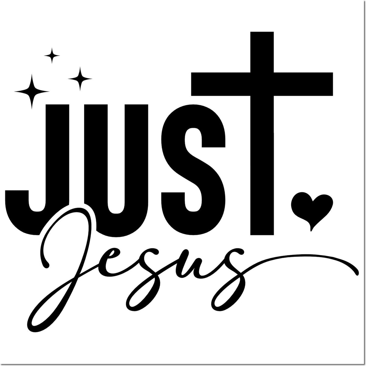 Black Just Jesus stamp and seal design with sparkles, heart, bold block lettering, and flowing script.