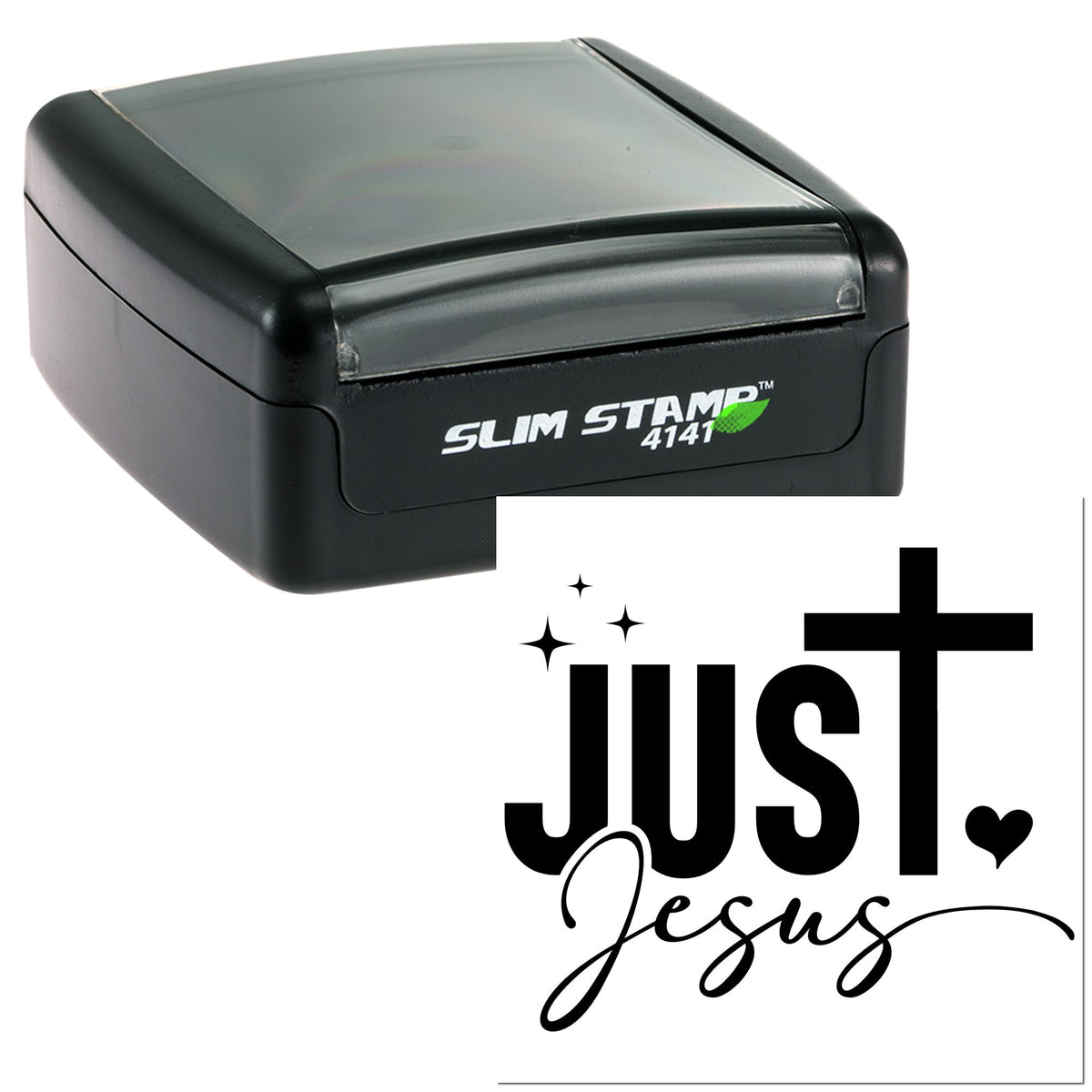 Black Slim Stamp 4141 self-inking stamp with gray lid, featuring a Just Jesus black seal design and heart accents.