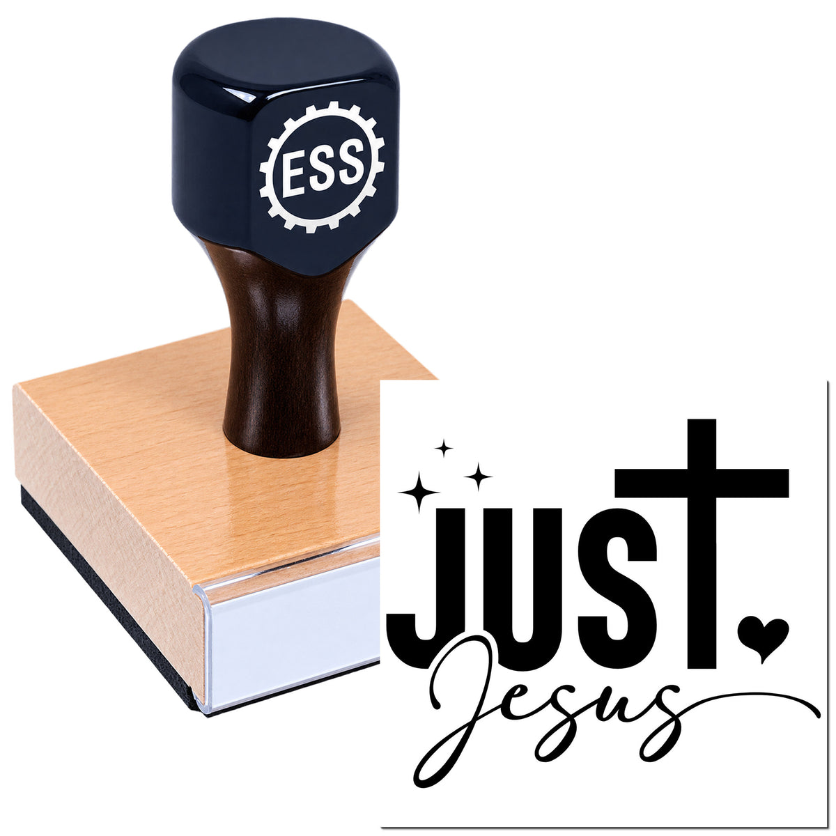 Navy self-inking stamp and seal on pink block with ESS logo and Just Jesus text on white background.