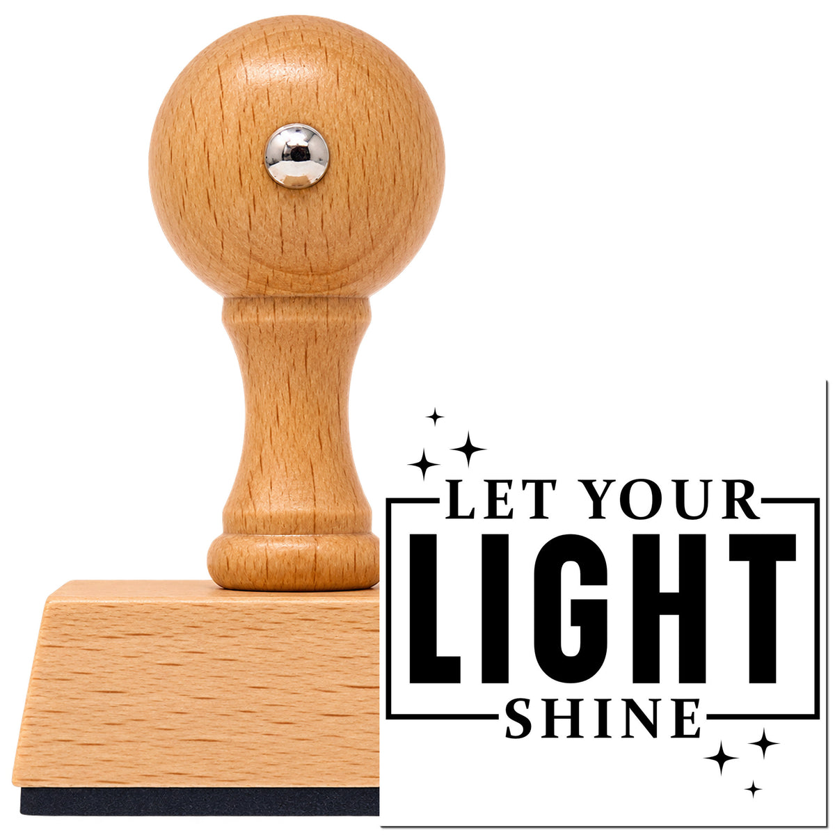Vintage Pro beech wood stamp with a round knob handle, shown with its black Let Your Light Shine imprint on white.