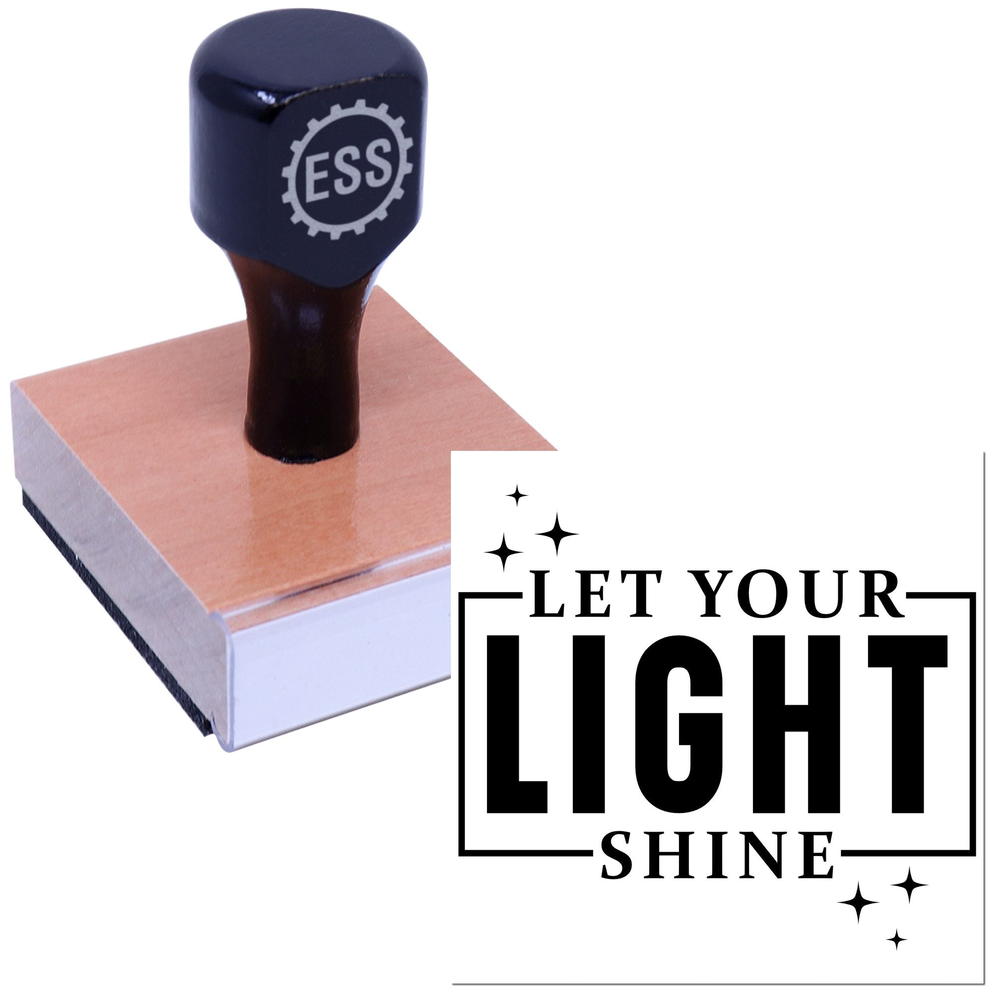 Navy ESS custom stamp and seal on a wooden block with sparkles and bold Let Your Light Shine text.