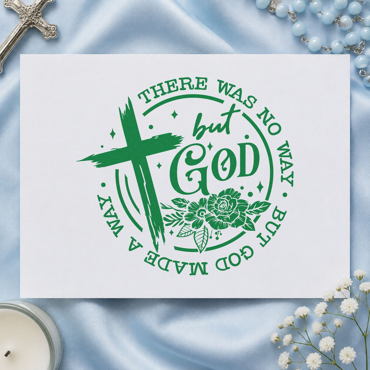 God Made a Way Rose Badge craft stamp imprint in green ink on a handmade project, one idea being anniversary notes.