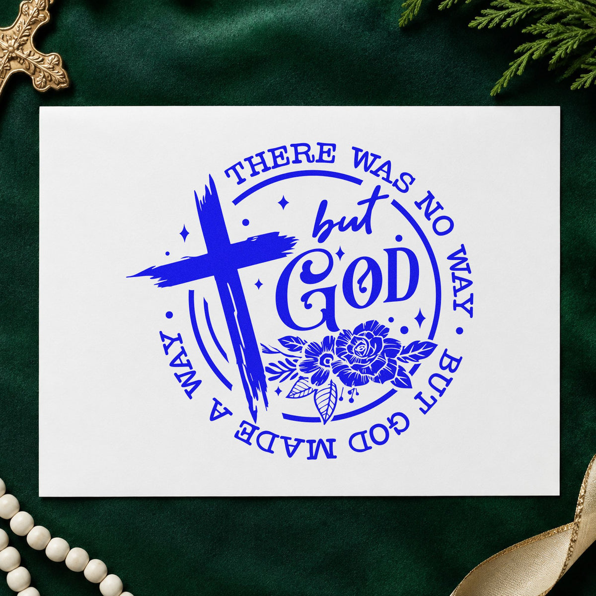 God Made a Way Rose Badge craft stamp imprinted in blue ink on paper, a design suited to rose garden markers.