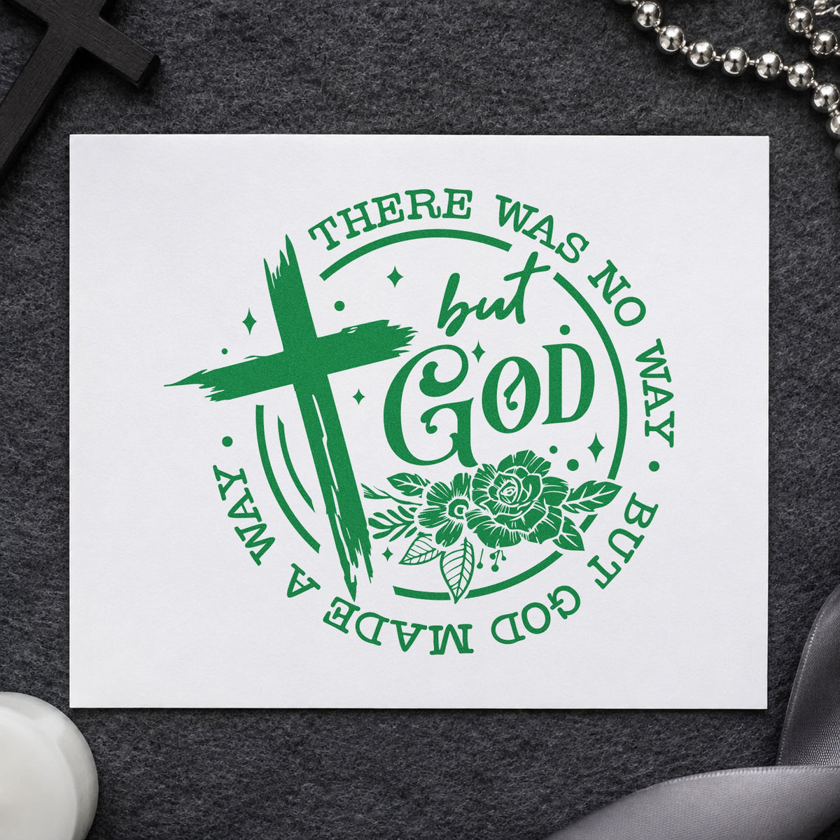 God Made a Way Rose Badge craft stamp imprint in green ink on a handmade project, one idea being framed bedroom art.