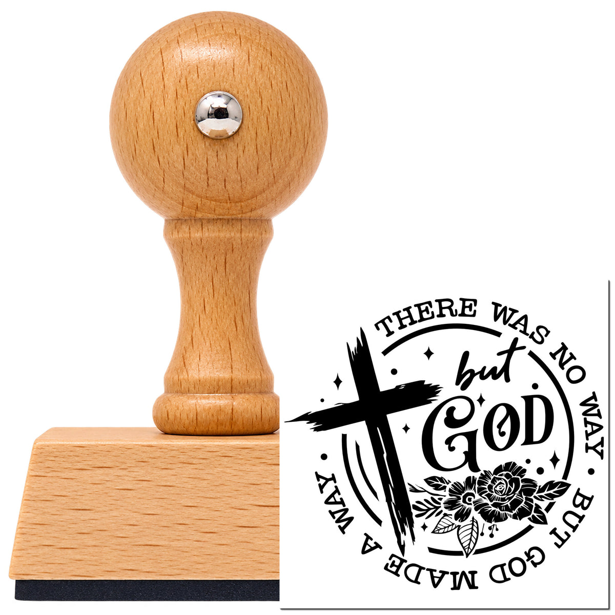 Vintage Pro beech wood stamp with a round knob handle, shown with its black God Made A Way Rose Emblem imprint on white.