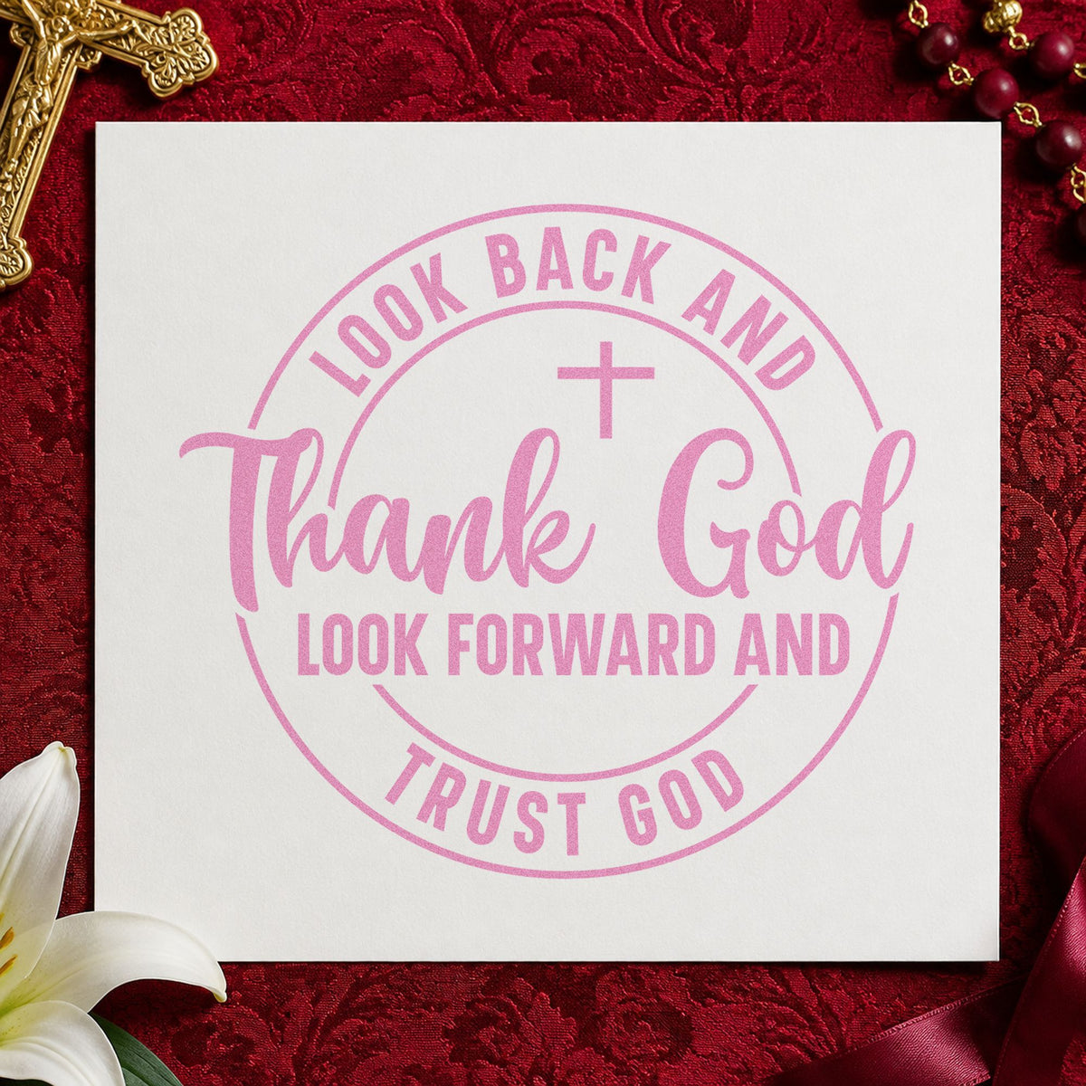 Thank and Trust God Circle craft stamp in purple ink on cardstock, an easy option for birthday gift tags.