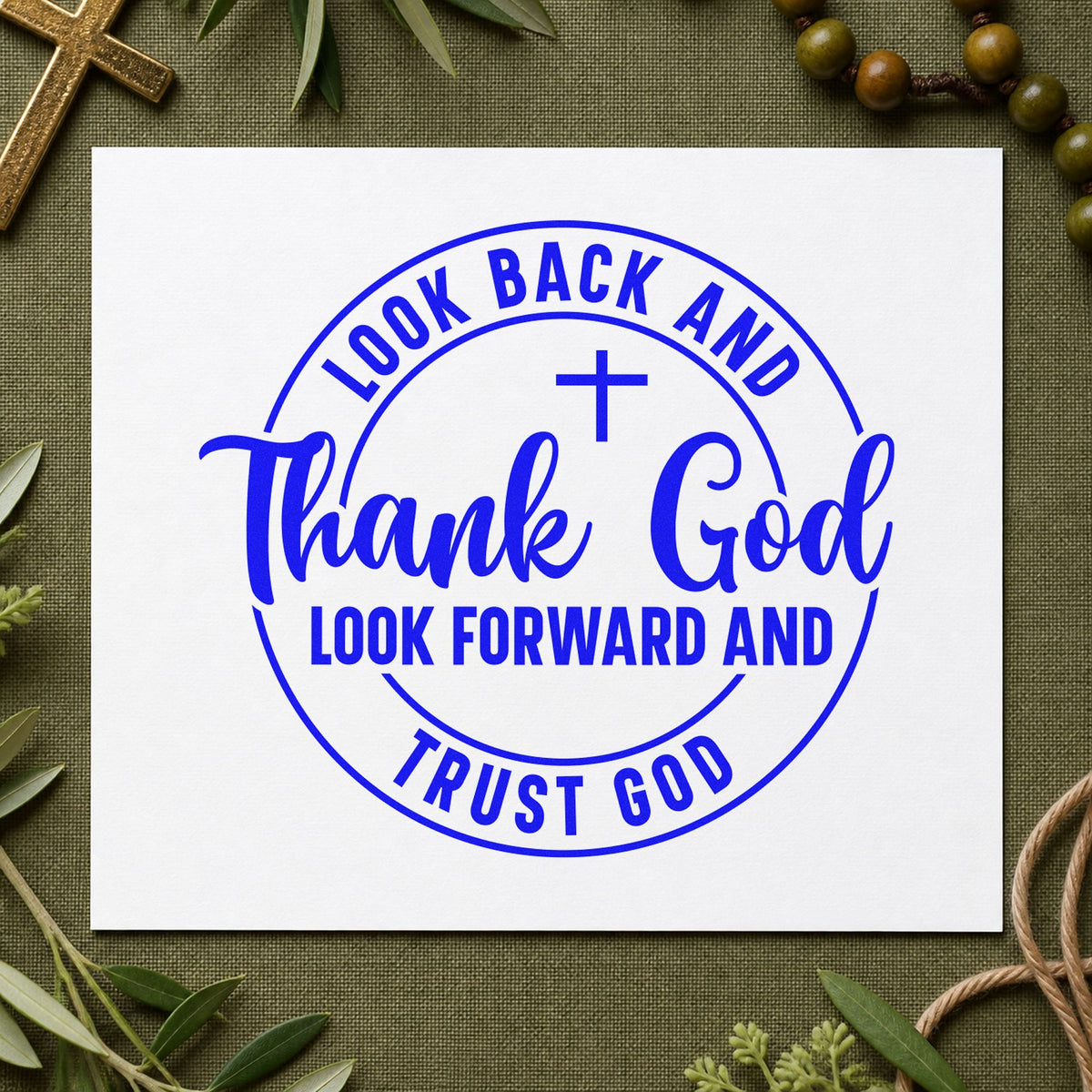 Thank and Trust God Circle craft stamp in blue ink on cardstock, an easy option for journal cover stamping.