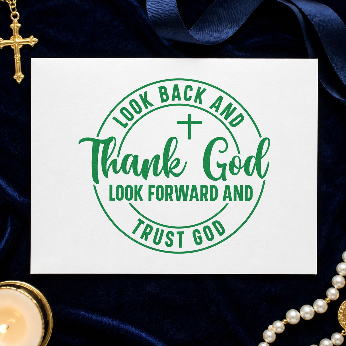 Thank and Trust God Circle craft stamp imprint in green ink on a handmade project, one idea being senior gift tags.