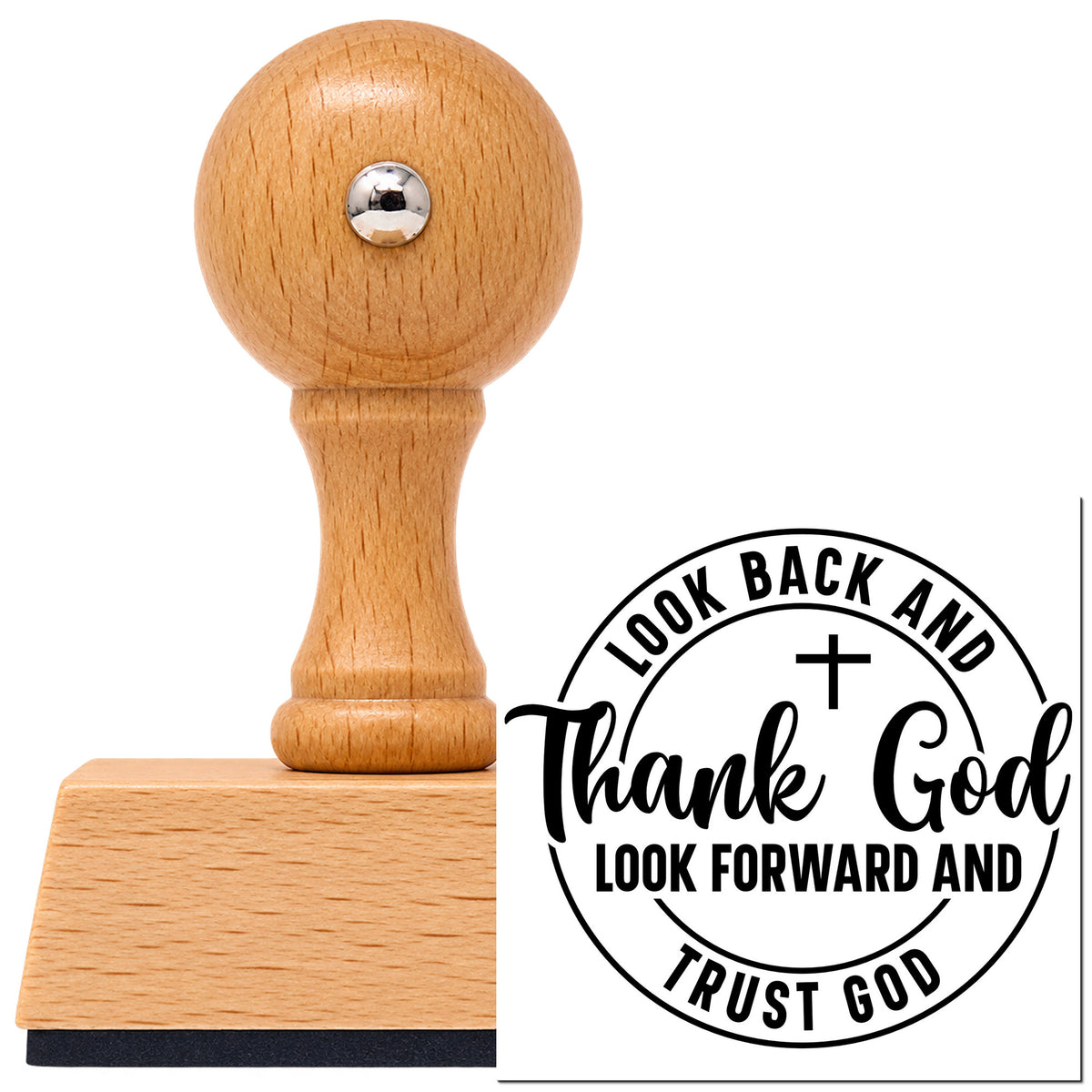Vintage Pro beech wood stamp with a round knob handle, shown with its black Thank And Trust God Circle imprint on white.