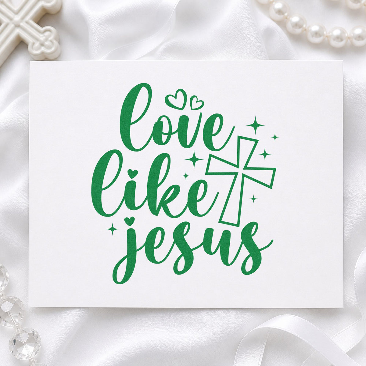 Love Like Jesus craft stamp imprint in green ink on a handmade project, one idea being valentine cards.