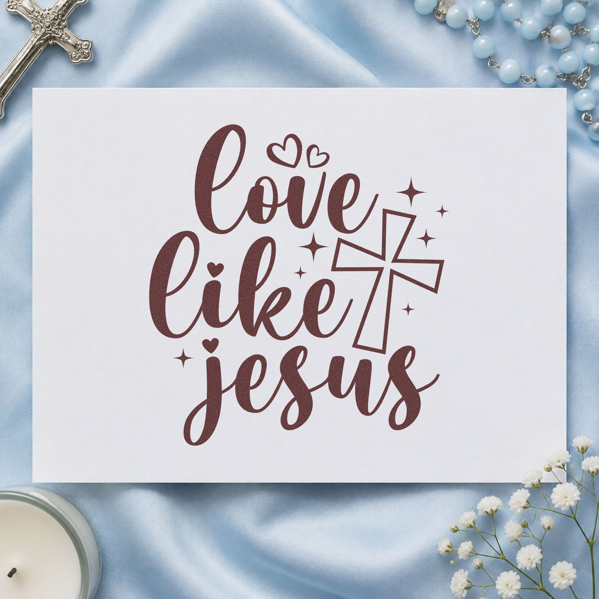 Love Like Jesus rubber stamp printed in brown ink, ready for neighbor cookie tags and similar paper crafts.