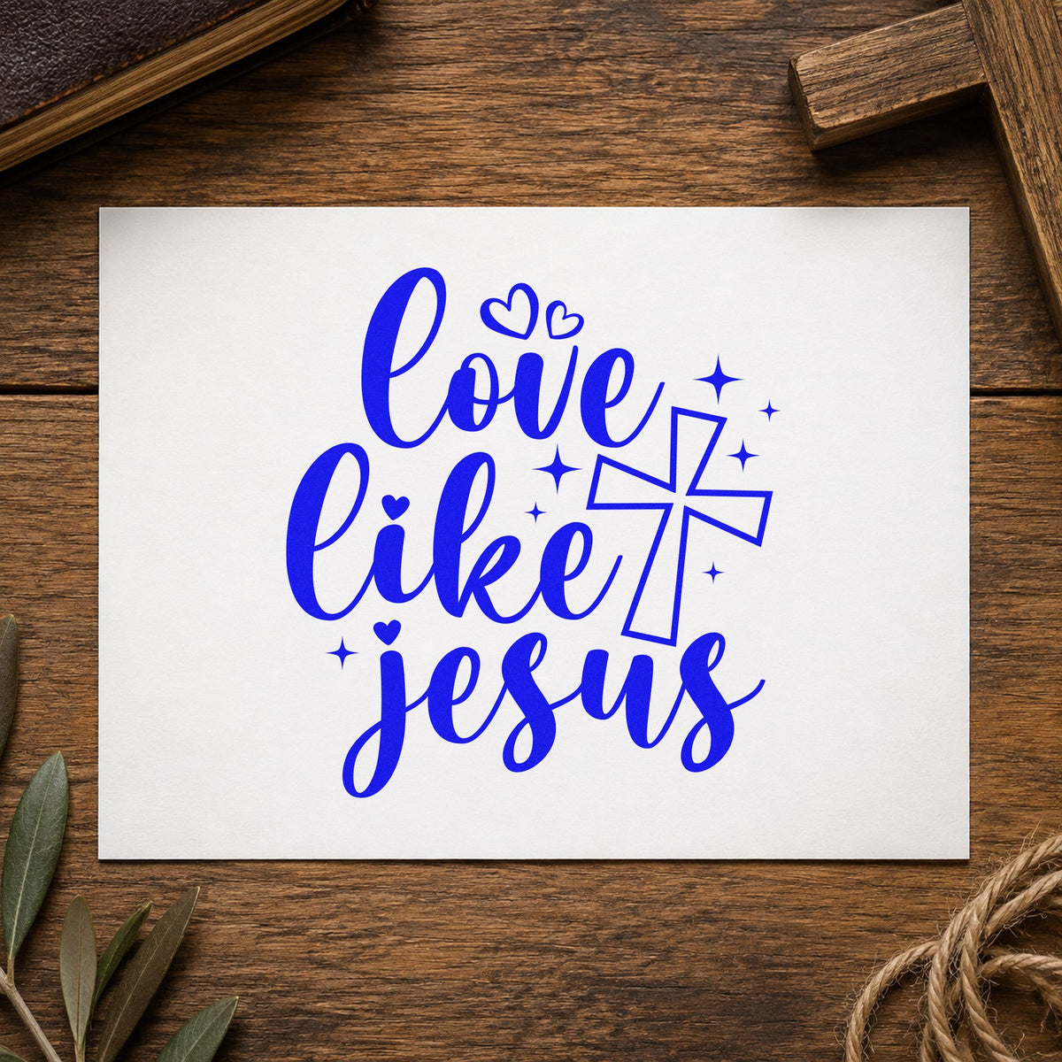 Love Like Jesus craft stamp in blue ink on cardstock, an easy option for scrapbook service pages.