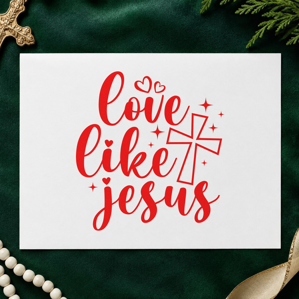 Love Like Jesus rubber stamp shown in red ink, stamped for projects such as nursing home visits.