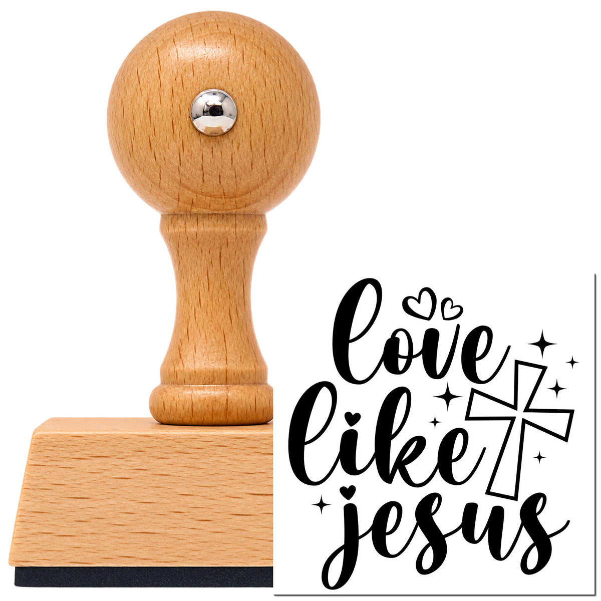 Vintage Pro beech wood stamp with a round knob handle, shown with its black Love Like Jesus imprint on white.