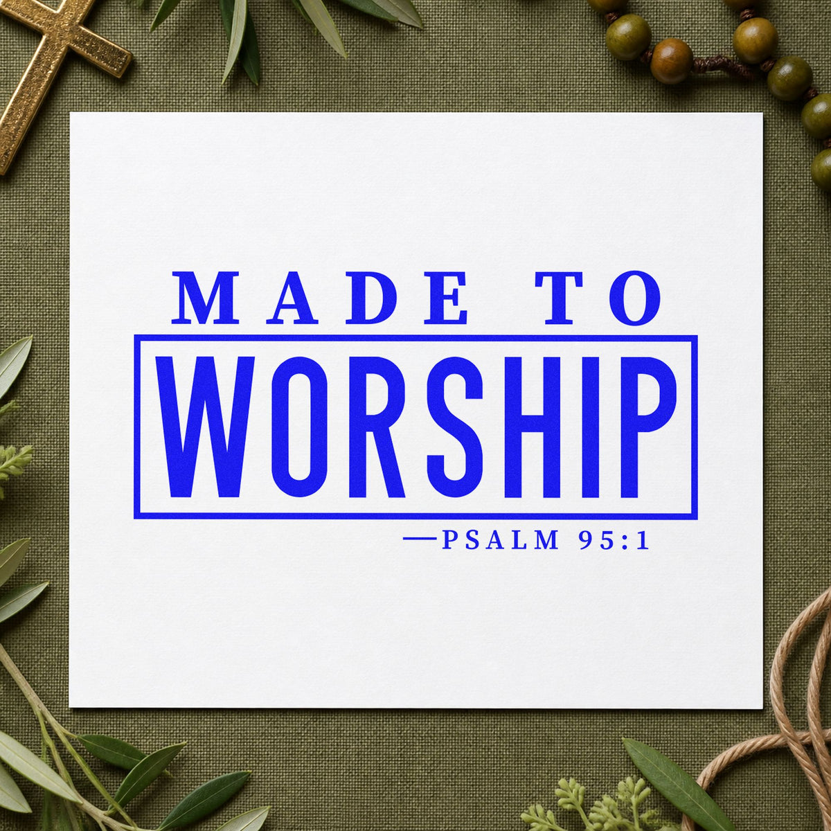 Made to Worship craft stamp imprinted in blue ink on paper, a design suited to canvas totes.