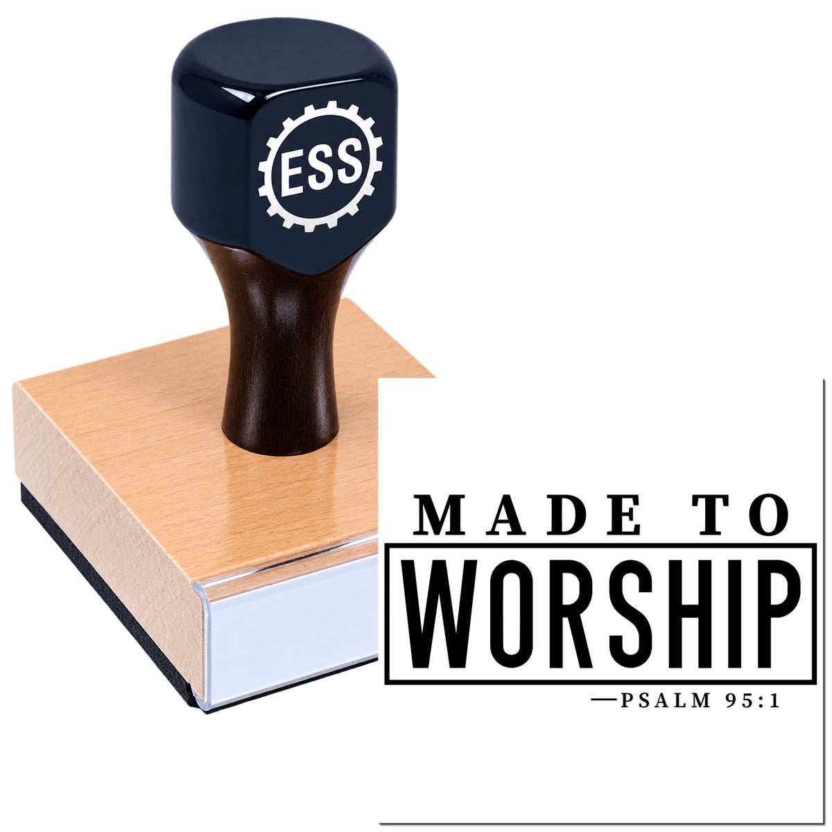 Black custom rubber stamp and seal on a wooden block, featuring "Made to Worship" and Psalm 95:1 text.