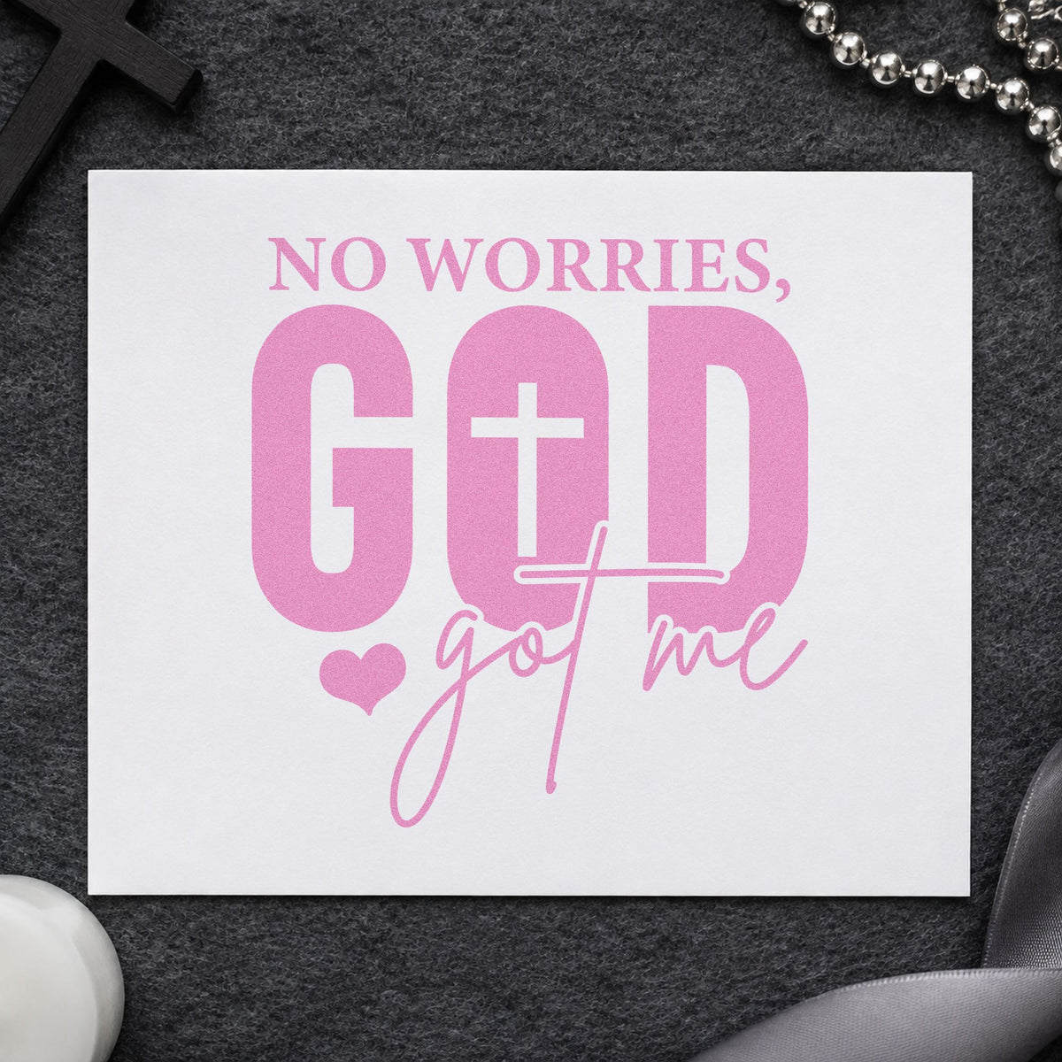 No Worries God Got Me craft stamp in purple ink on cardstock, an easy option for kids' lunch notes.