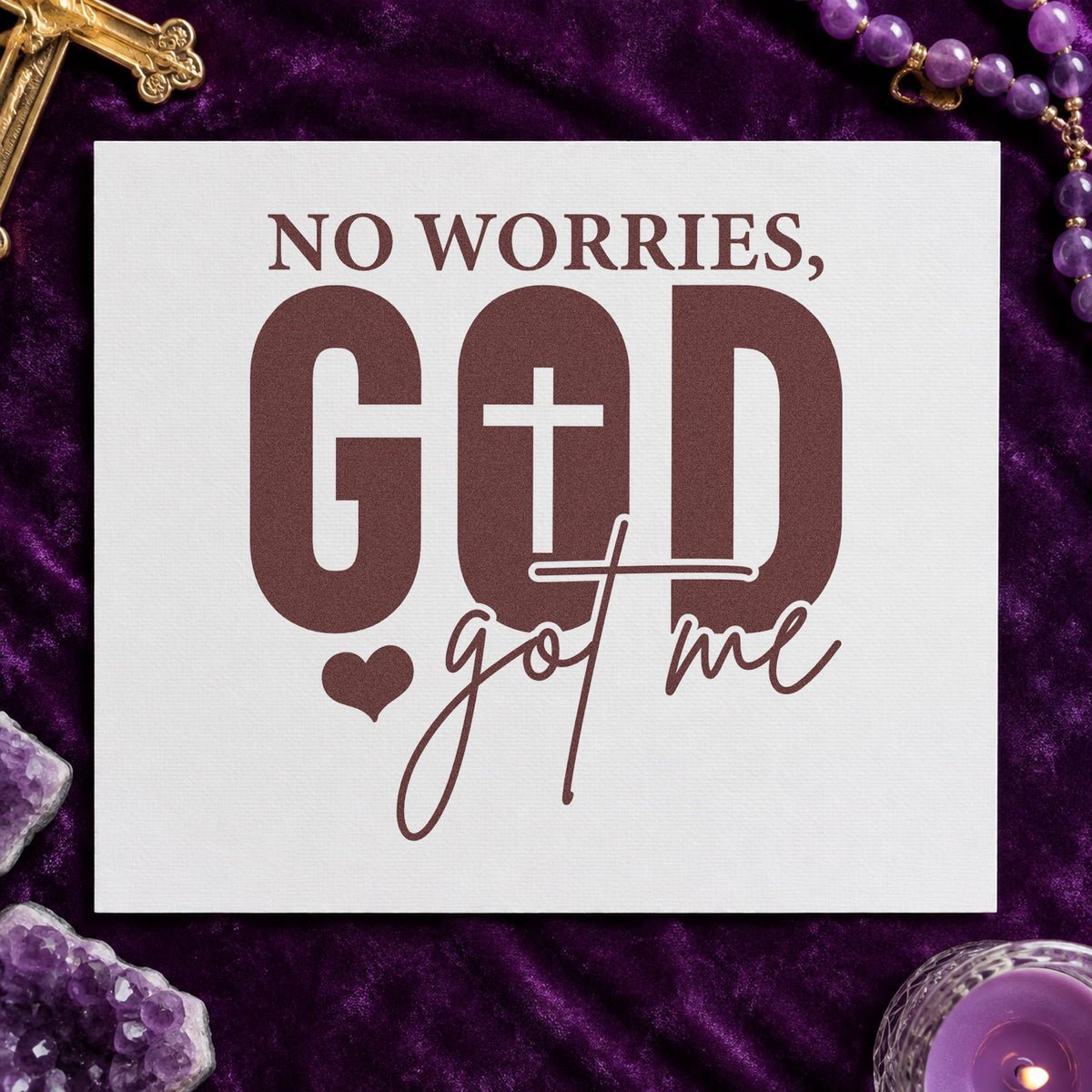 No Worries God Got Me rubber stamp printed in brown ink, ready for travel blessing cards and similar paper crafts.