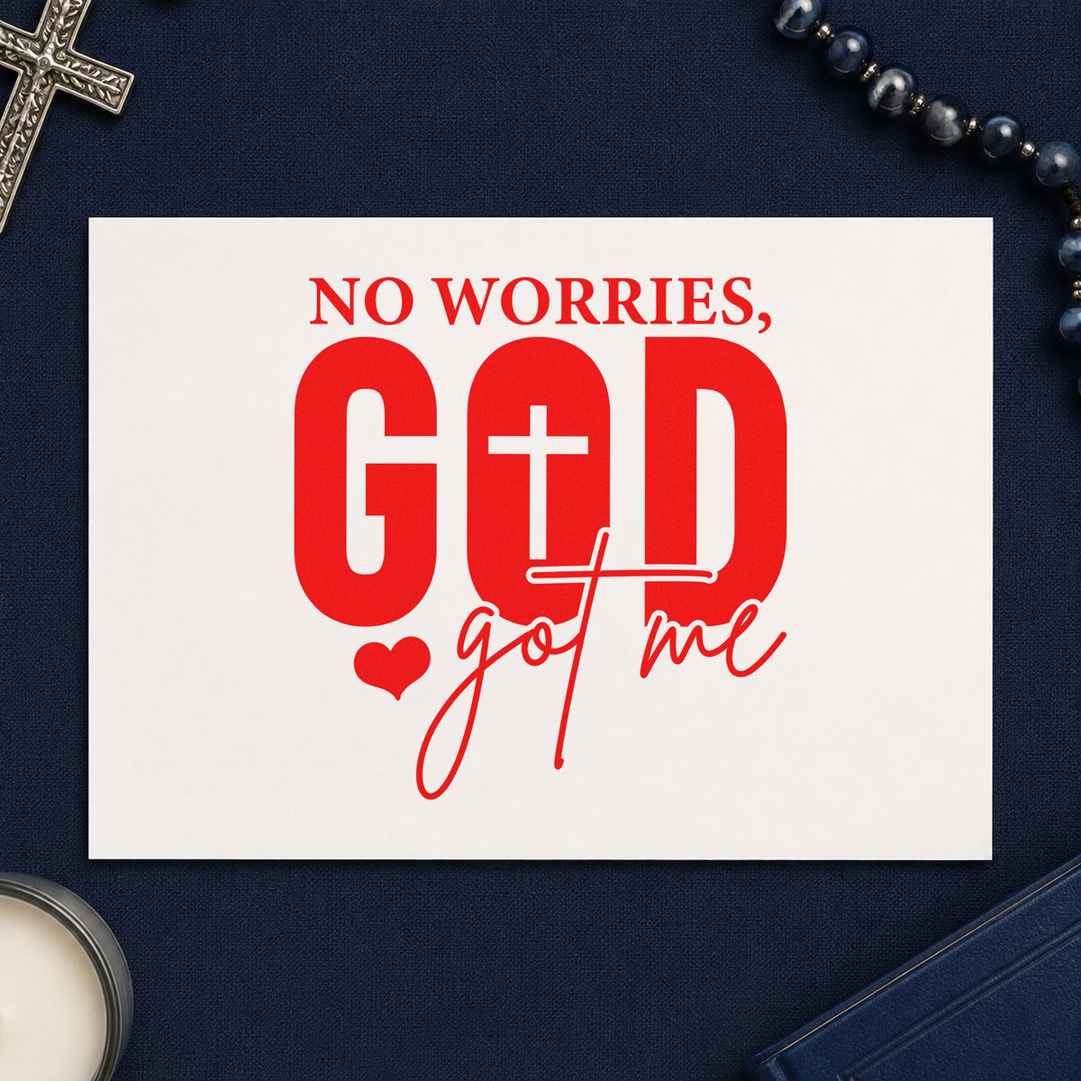 No Worries God Got Me rubber stamp shown in red ink, stamped for projects such as beach bag totes.
