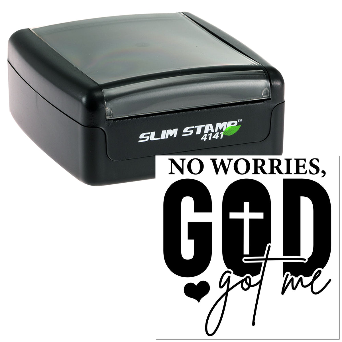 Black Slim Stamp 4141 self-inking seal with gray cover, featuring No Worries, God Got Me design.
