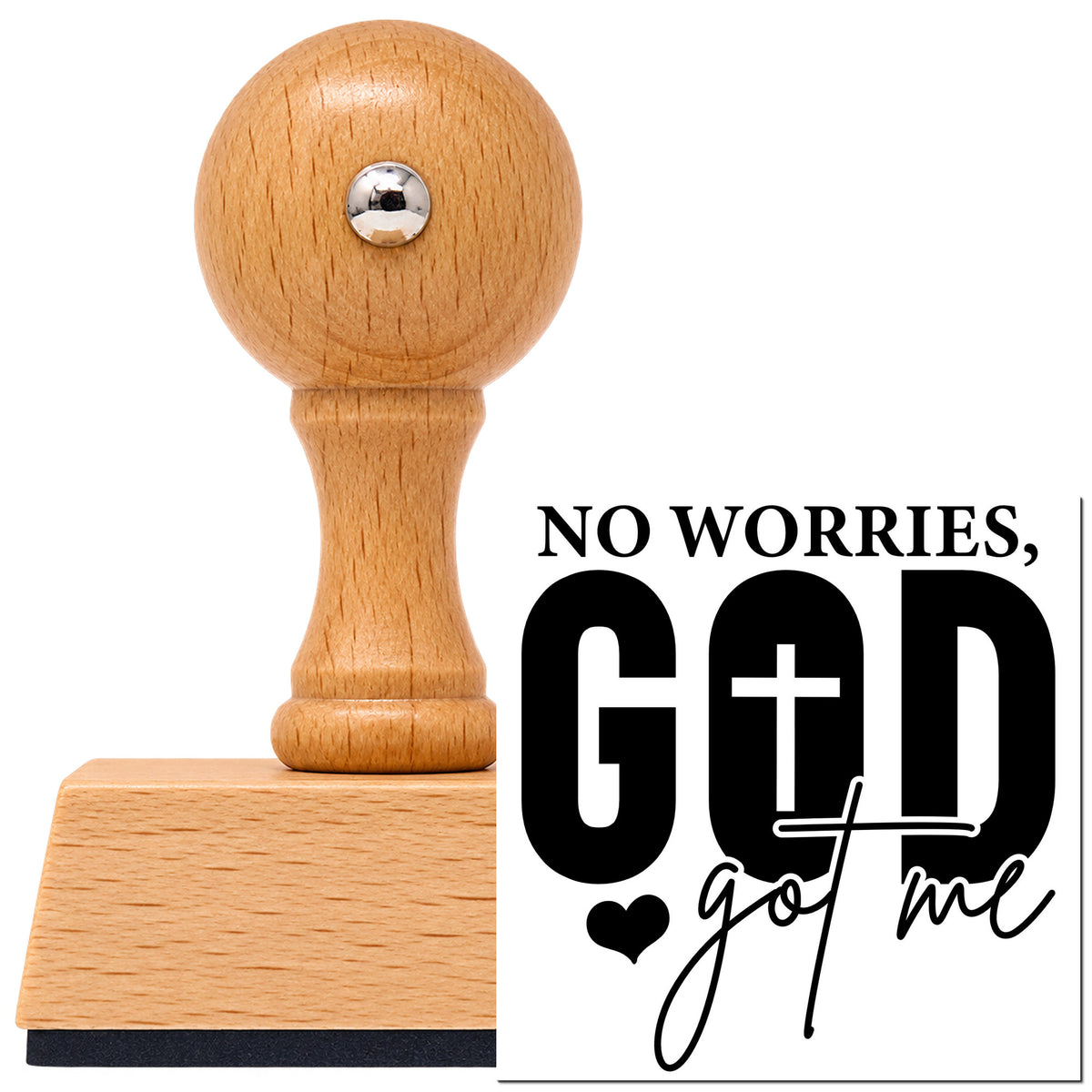 Vintage Pro beech wood stamp with a round knob handle, shown with its black No Worries God Got Me imprint on white.