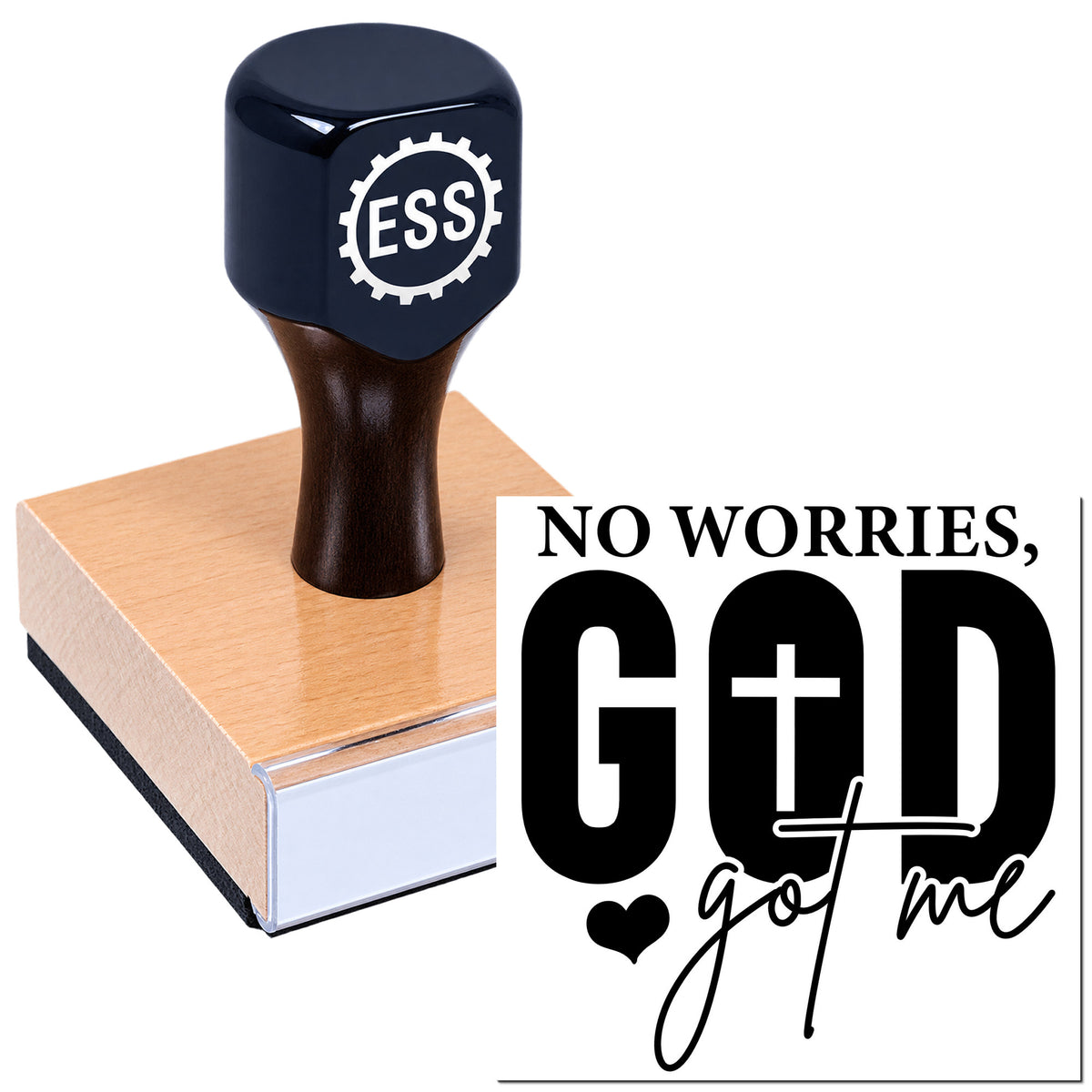 Black self-inking stamp and seal on a pink pad with white ESS logo and "No worries, God got me" text.