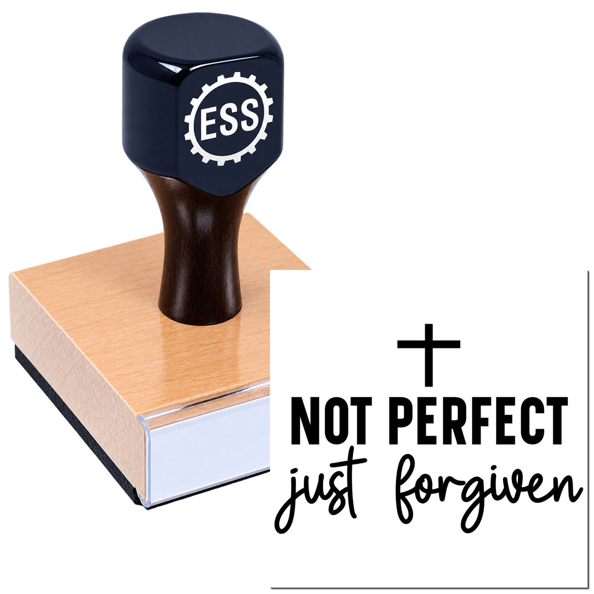 Navy ESS stamp seal on wooden block with cross symbol and "Not Perfect just foreign" text
