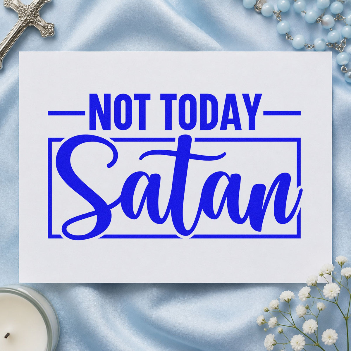Not Today Satan craft stamp imprinted in blue ink on paper, a design suited to coffee mug gift tags.