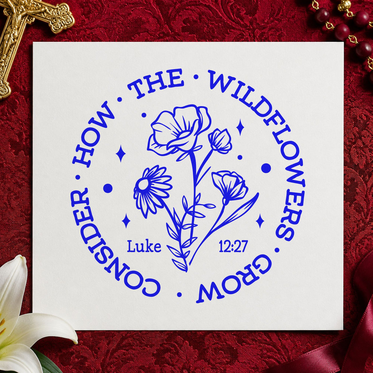 Consider the Wildflowers Circle craft stamp in blue ink on cardstock, an easy option for scrapbook spring pages.