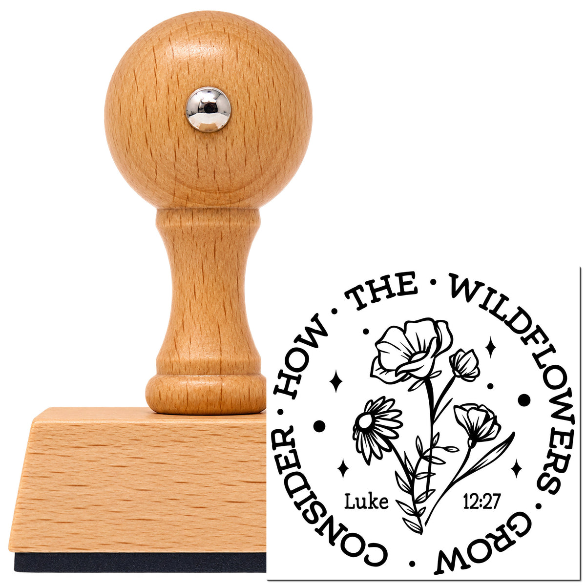 Vintage Pro beech wood stamp with a round knob handle, shown with its black Consider How The Wildflowers Grow imprint on white.