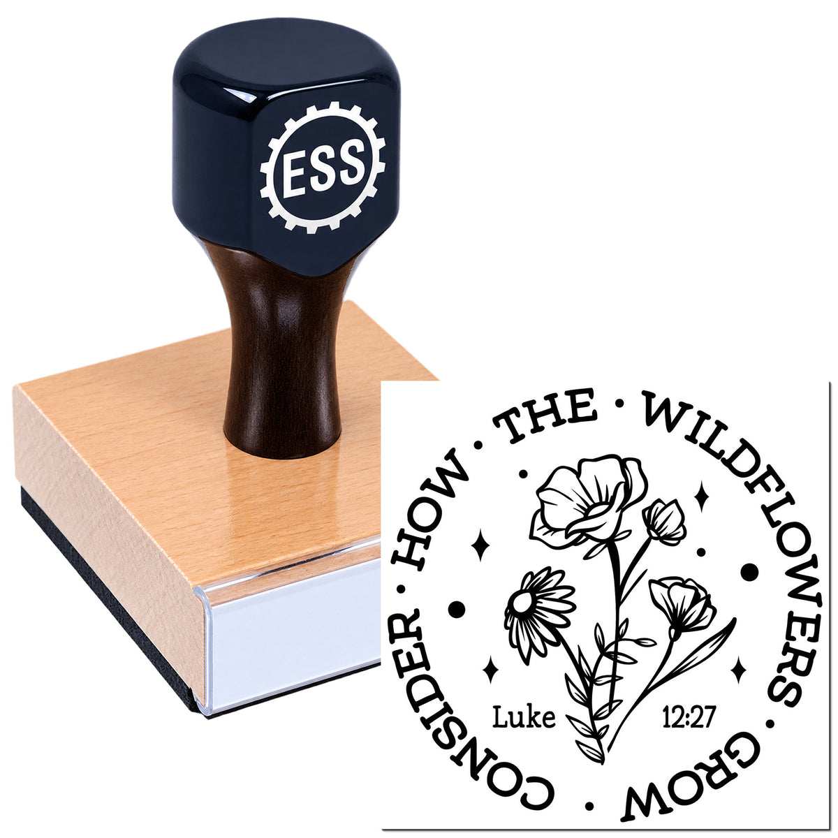 Black ESS stamp on pink seal block beside floral circular scripture seal reading "How the wildflowers grow" and Luke 12:27