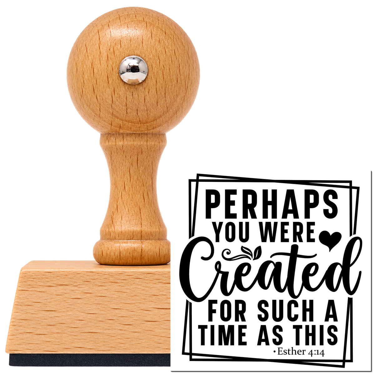 Vintage Pro beech wood stamp with a round knob handle, shown with its black Created For Such A Time imprint on white.