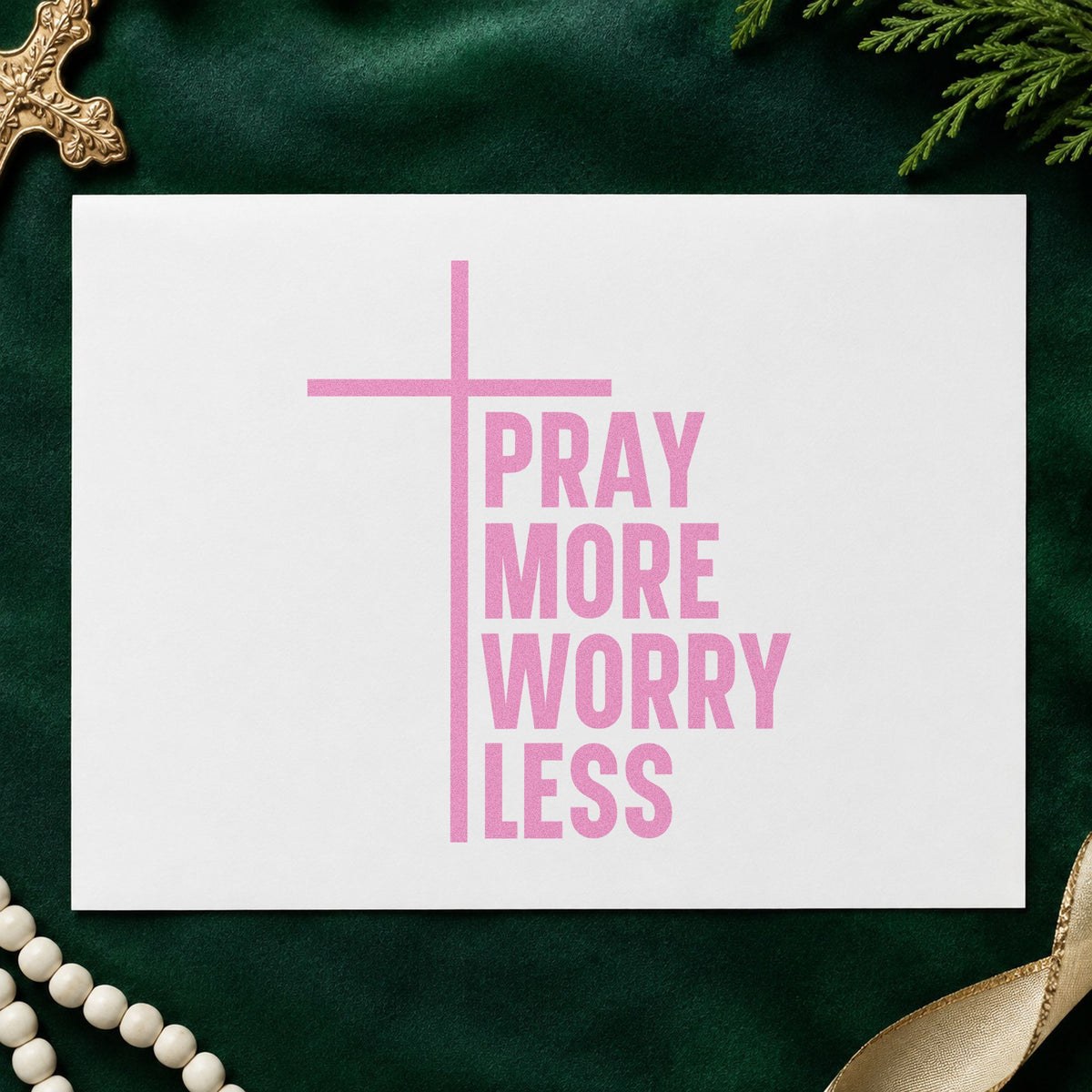 Pray More Worry Less craft stamp in purple ink on cardstock, an easy option for kitchen magnets.