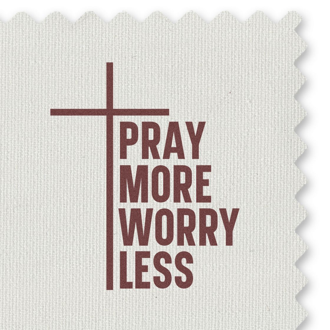 Burgundy cross and PRAY MORE WORRY LESS stamp on off-white textured seal paper with scalloped edges.