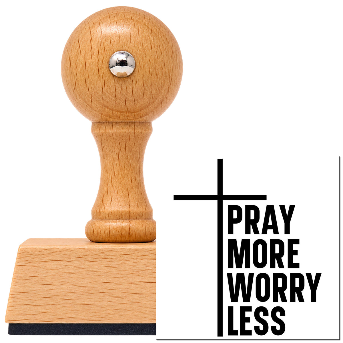 Vintage Pro beech wood stamp with a round knob handle, shown with its black Pray More Worry Less imprint on white.